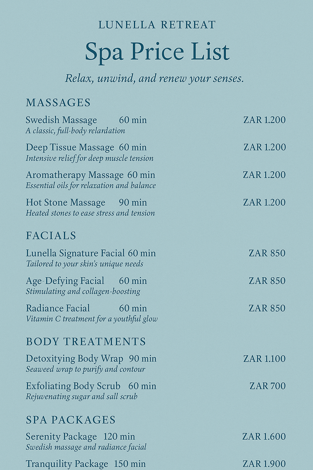 Lunella Retreat Spa
Price List